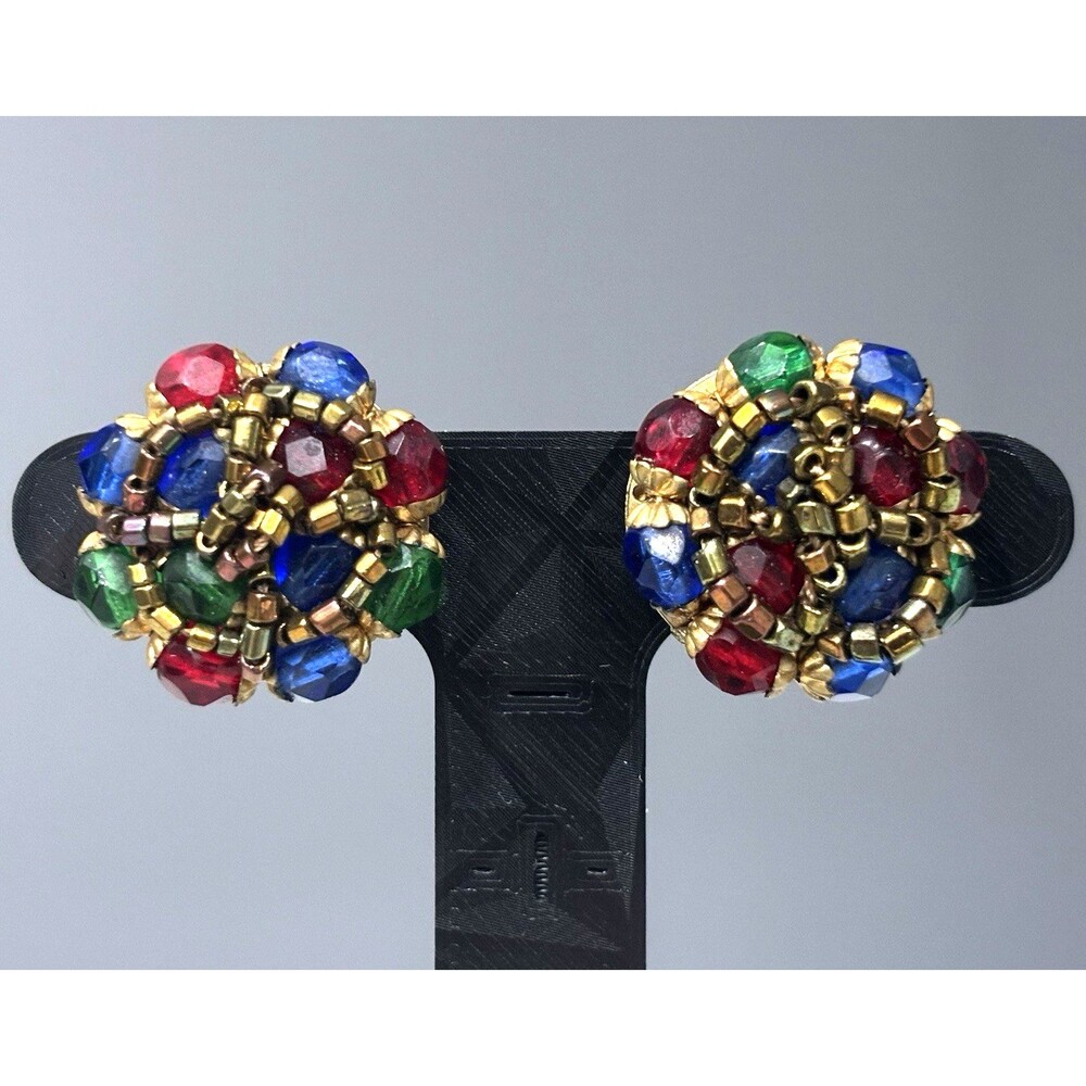 Vintage Vogue Clip On Earrings Jewel Tone Beaded Cluster Gold Tone Mogul Signed